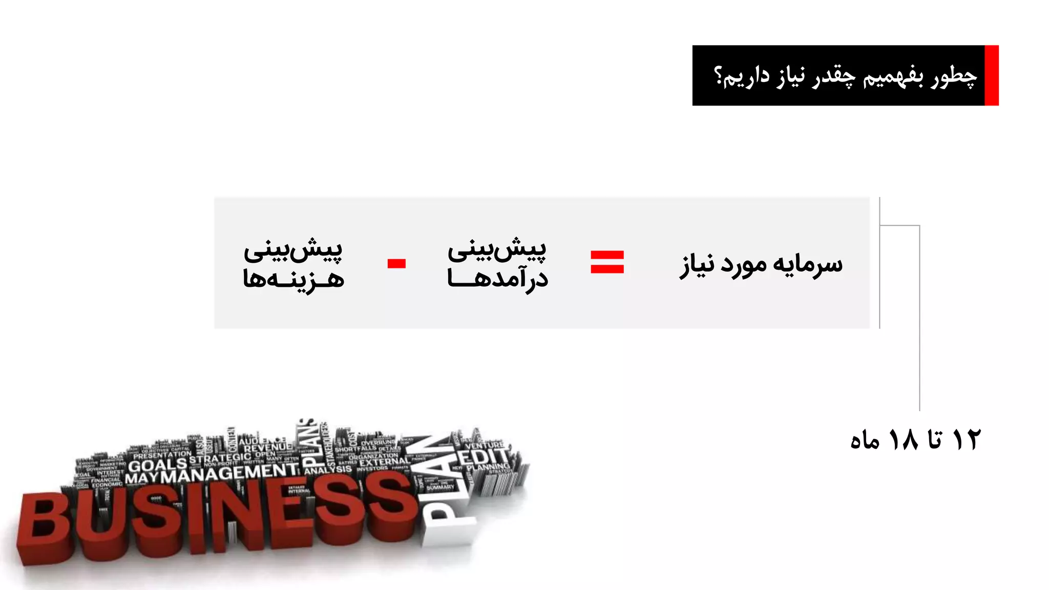 12‫تا‬18‫ماه‬
‫داری‬ ‫نیاز‬ ‫چقدر‬ ‫بفهمیم‬ ‫چطور‬‫م؟‬
‫نیاز‬ ‫مورد‬ ‫سرمایه‬
‫بینی‬‫پیش‬
‫ها‬‫هـزینـه‬
‫بینی‬‫پیش‬
‫درآمدهــا‬- =
 