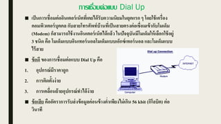 การเชื่อมต่อแบบ Dial Up
■ เป็นการเชื่อมต่ออินเตอร์เน็ตที่เคยได้รับความนิยมในยุคแรก ๆ โดยใช้เครื่อง
คอมพิวเตอร์บุคคล กับสายโทรศัพท์บ้านที่เป็นสายตรงต่อเชื่อมเข้ากับโมเด็ม
(Modem) ก็สามารถใช้งานอินเตอร์เน็ตได้แล้ว ในปัจจุบันมีโมเด็มให้เลือกใช้อยู่
3 ชนิด คือ โมเด็มแบบอินเทอร์นอลโมเด็มแบบเอ็กซ์เทอร์นอล และโมเด็มแบบ
ไร้สาย
■ ข้อดี ของการเชื่อมต่อแบบ Dial Up คือ
1. อุปกรณ์มีราคาถูก
2. การติดตั้งง่าย
3. การเคลื่อนย้ายอุปกรณ์ทาได้ง่าย
■ ข้อเสีย คืออัตราการรับส่งข้อมูลค่อนข้างต่าเพียงไม่เกิน 56 kbit (กิโลบิต) ต่อ
วินาที
 