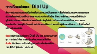 เป็ นการเชื่อมต่ออินเตอร์เน็ตที่เคยได้รับความนิยมในยุคแรก ๆ โดยใช้เครื่องคอมพิวเตอร์บุคคล
กับสายโทรศัพท์บ้านที่เป็ นสายตรงต่อเชื่อมเข้ากับโมเด็ม ก็สามารถใช้งานอินเตอร์เน็ตได้แล้ว
ผู้ใช้บริการอินเตอร์เน็ตต้องทาการติดต่อกับผู้ให้บริการเชื่อมต่ออินเตอร์เน็ตผ่านหมายเลข
โทรศัพท์บ้าน โดยผู้ให้บริการเชื่อมต่ออินเตอร์เน็ตจะกาหนดชื่อผู้ใช้ และรหัสผ่าน มาให้เพื่อเข้าใช้
บริการอินเตอร์เน็ต
ข้อดี ของการเชื่อมต่อแบบ Dial Up คือ อุปกรณ์มีราคา
ถูก การติดตั้งง่าย การเคลื่อนย้ายอุปกรณ์ทาได้ง่าย
ข้อเสีย คืออัตราการรับส่งข้อมูลค่อนข้างต่าเพียงไม่เกิน
56 kbit (กิโลบิต) ต่อวินาที
การเชื่อมต่อแบบ Dial Up
 
