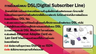 เป็ นเทคโนโลยีการเชื่อมต่ออินเทอร์เน็ตความเร็วสูงโดยใช้สายโทรศัพท์ธรรมดา ที่สามารถใช้
อินเตอร์เน็ตและพูดผ่านสายโทรศัพท์ปกติได้ในเวลาเดียวกัน สิ่งที่ต้องคานึงถึงในการติดตั้งระบบ
อินเตอร์เน็ตแบบ DSL ก็คือ
1.ต้องตรวจสอบว่าสถานที่ที่ติดตั้งอยู่ในเขตพื้นที่ให้บริการระบบโทรศัพท์แบบ DSL หรือไม่
2.บัญชีผู้ใช้อินเตอร์เน็ตจากผู้ให้บริการอินเตอร์เน็ตในแบบ DSL
3.การเชื่อมต่อต้องใช้ DSL Modem ในการเชื่อมต่อ
4.ต้องติดตั้ง Ethernet Adapter Card หรือ
Lan Card ไว้ที่เครื่องคอมพิวเตอร์ที่ใช้ในการเชื่อมต่อ
อินเตอร์เน็ตด้วย
ข้อดี คือมีความเร็วสูงกว่าแบบ Dial-Up และ ISDN
ข้อเสีย คือไม่สามารถระบุความเร็วที่แน่นอนได้
การเชื่อมต่อแบบ DSL(Digital Subscriber Line)
 