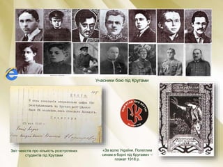 Учасники бою під Крутами
«За волю України. Полеглим
синам в борні під Крутами» –
плакат 1918 р.
Звіт чекістів про кількість розстріляних
студентів під Крутами
 