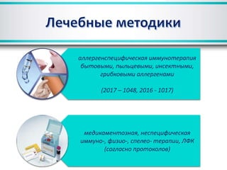 аллергенспецифическая иммунотерапия
бытовыми, пыльцевыми, инсектными,
грибковыми аллергенами
(2017 – 1048, 2016 - 1017)
медикаментозная, неспецифическая
иммуно-, физио-, спелео- терапии, ЛФК
(согласно протоколов)
 
