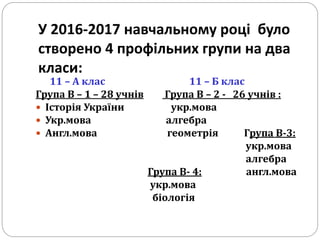 У 2016-2017 навчальному році було
створено 4 профільних групи на два
класи:
11 – А клас 11 – Б клас
Група В – 1 – 28 учнів Група В – 2 - 26 учнів :
 Історія України укр.мова
 Укр.мова алгебра
 Англ.мова геометрія Група В-3:
укр.мова
алгебра
Група В- 4: англ.мова
укр.мова
біологія
 