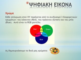 *
Χρώμα
Κάθε απόχρωση στον ΗΥ παράγεται από το συνδυασμό 3 διαφορετικών
χρωμάτων: του κόκκινου (Red), του πράσινου (Green) και του μπλε
(Blue). Αυτό είναι το RGB μοντέλο.
Ας δημιουργήσουμε τα δικά μας χρώματα:
 