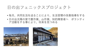 日の出フェニックスプロジェクト
• 毎月、共同生活を送ることにより、生活習慣の改善指導をする
• 日の出太陽の家で農作業、山作業、知的障害者へ ポランティ
ア活動をする事により、将来を見つめる
 