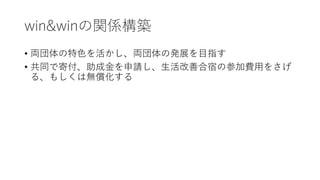 win&winの関係構築
• 両団体の特色を活かし、両団体の発展を目指す
• 共同で寄付、助成金を申請し、生活改善合宿の参加費用をさげ
る、もしくは無償化する
 
