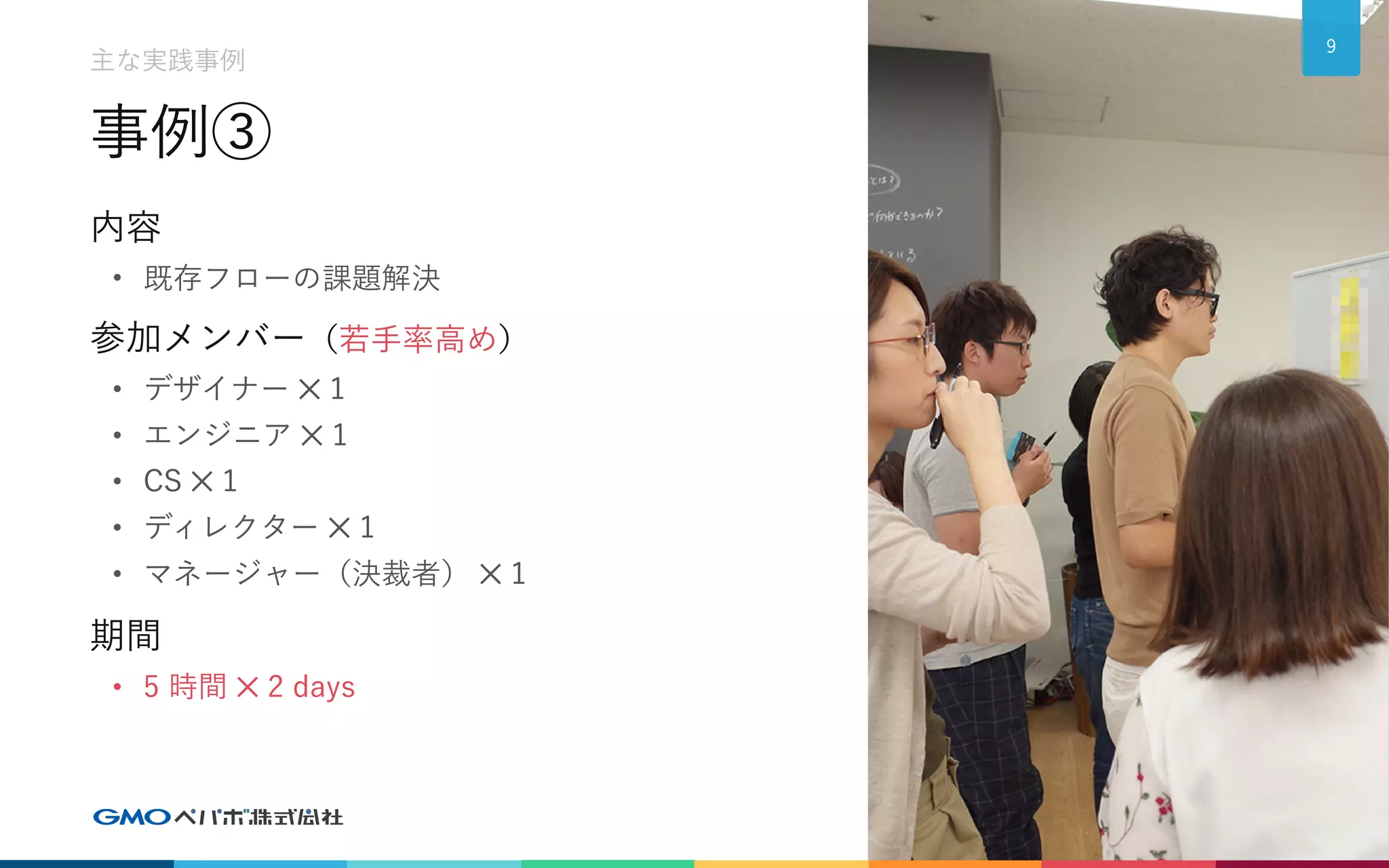 事例③
内容
• 既存フローの課題解決
参加メンバー（若手率高め）
• デザイナー ✕ 1
• エンジニア ✕ 1
• CS ✕ 1
• ディレクター ✕ 1
• マネージャー（決裁者） ✕ 1
期間
• 5 時間 ✕ 2 days
9
主な実践事例
 