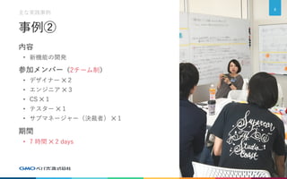 事例②
内容
• 新機能の開発
参加メンバー（2チーム制）
• デザイナー ✕ 2
• エンジニア ✕ 3
• CS ✕ 1
• テスター ✕ 1
• サブマネージャー（決裁者） ✕ 1
期間
• 7 時間 ✕ 2 days
8
主な実践事例
 