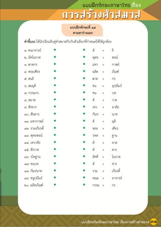 หน้า ๓๒
แบบฝึกทักษะที่ ๑๔
ตามหาร่างแยก
คาชี้แจง ให้นักเรียนจับคู่คาสมาสกับกับตัวเลือกที่กาหนดให้ให้ถูกต้อง
๑. คณาจารย์   ส + ธิ
๒. อัคโยภาส   พุทธ + พจน์
๓. ฆาตกร   มหา + กาพย์
๔. พระเศียร   ผลิต + ภัณฑ์
๕. สนธิ   ฆาต + กร
๖. สมมุติ   ชน + อุปถัมภ์
๗. กรรมกร   ชน + บท
๘. สมาส   ส + วาส
๙. สังขาร   เทว + อาลัย
๑๐. สันดาร   กัมป + นาท
๑๑. มหากาพย์   ส + มุติ
๑๒. รามเกียรติ์   พระ + เศียร
๑๓. พุทธพจน์   รหส + ฐาน
๑๔. เทวาลัย   ส + อาส
๑๕. สังวาส   ส + ดาร
๑๖. รโหฐาน   อัคคี + โอภาส
๑๗. ชนบท   ส + ขาร
๑๘. กัมปนาท   ราม + เกียรติ์
๑๙. ชนูปถัมภ์   คณะ + อาจารย์
๒๐. ผลิตภัณฑ์   กรรม + กร
แบบฝึกเสริมทักษะภาษาไทย เรื่องการสร้างคาสมาส ๓๑
 