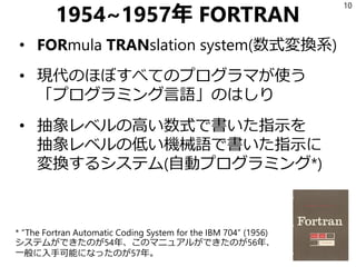 1954~1957年 FORTRAN
• FORmula TRANslation system(数式変換系)
• 現代のほぼすべてのプログラマが使う
「プログラミング言語」のはしり
• 抽象レベルの高い数式で書いた指示を
抽象レベルの低い機械語で書いた指示に
変換するシステム(自動プログラミング*)
10
* “The Fortran Automatic Coding System for the IBM 704” (1956)
システムができたのが54年、このマニュアルができたのが56年、
一般に入手可能になったのが57年。
 