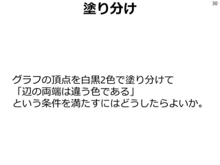 塗り分け
グラフの頂点を白黒2色で塗り分けて
「辺の両端は違う色である」
という条件を満たすにはどうしたらよいか。
30
 