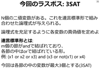今回のラスボス: 3SAT
N個の二値変数がある。これを連言標準形で組み
合わせた論理式が与えられる。
論理式を充足するように各変数の真偽値を定めよ
連言標準形とは:
m個の節がandで結ばれており、
各節の中はorで結ばれている形。
例: (x1 or x2 or x3) and (x3 or not(x1) or x4)
今回は各節の中の変数が最大3個とする(3SAT)
35
 