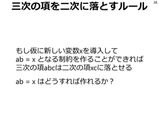 三次の項を二次に落とすルール
もし仮に新しい変数xを導入して
ab = x となる制約を作ることができれば
三次の項abcは二次の項xcに落とせる
ab = x はどうすれば作れるか？
38
 