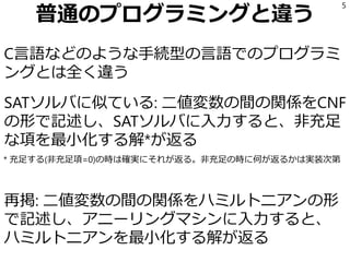普通のプログラミングと違う
C言語などのような手続型の言語でのプログラミ
ングとは全く違う
SATソルバに似ている: 二値変数の間の関係をCNF
の形で記述し、SATソルバに入力すると、非充足
な項を最小化する解*が返る
再掲: 二値変数の間の関係をハミルトニアンの形
で記述し、アニーリングマシンに入力すると、
ハミルトニアンを最小化する解が返る
5
* 充足する(非充足項=0)の時は確実にそれが返る。非充足の時に何が返るかは実装次第
 