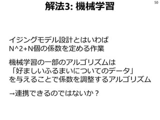 解法3: 機械学習
イジングモデル設計とはいわば
N^2+N個の係数を定める作業
機械学習の一部のアルゴリズムは
「好ましいふるまいについてのデータ」
を与えることで係数を調整するアルゴリズム
→連携できるのではないか？
50
 