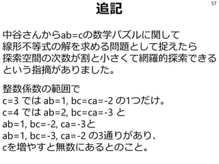 追記
中谷さんからab=cの数学パズルに関して
線形不等式の解を求める問題として捉えたら
探索空間の次数が割と小さくて網羅的探索できる
という指摘がありました。
整数係数の範囲で
c=3 では ab=1, bc=ca=-2 の1つだけ。
c=4 では ab=2, bc=ca=-3 と
ab=1, bc=-2, ca=-3と
ab=1, bc=-3, ca=-2 の3通りがあり、
cを増やすと無数にあるとのこと。
57
 