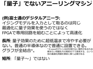 「量子」でないアニーリングマシン
(例)富士通のデジタルアニーラ:
イジングモデルを入力として取るのは同じ
最適化に量子効果を使うのではなく
FPGAで専用回路を組むことによって高速化
長所: 量子効果のために超低温まで冷やす必要が
ない。普通の半導体なので普通に設置できる。
グラフが全結合*。
短所: 「量子～」ではない
6
* D-waveのマシンは辺を張れない場所があるため
解きたい問題をその制約の下で表現する、という
別の最適化問題を事前に解く必要がある
 