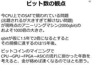 ビット数の観点
今CPU上でのSATで競われている問題
(出題されるが大きすぎて解けない問題)
が現時点のアニーリングマシン(2000qbit)の
およそ1000倍の大きさ。
qbitが仮に1.5年で2倍になるとすると
その規模に達するのは15年後。
ビットコインのマイニングで
CPU→GPU→FPGA→ASICの流れに掛かった年数を
考えると、金が絡めば速くなるのではとも思う。
62
 