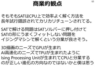 商業的観点
そもそもSATはCPU上で効率よく解く方法を
長年試行錯誤されてカリカリチューンされてる。
SATで解ける問題はSATソルバーに押し付けて
SATの形にうまくフィットしない問題を
イジングマシンで解くという分業が良さそう。
3D描画のニーズでGPUが生まれ
AI高速化のニーズでTPUが生まれたように
Ising Processing Unitが生まれてCPUと分業する
のが正しい進化の方向なのではないかと僕は思う
63
 