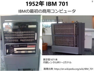1952年 IBM 701
IBMの最初の商用コンピュータ
9
画像出典: https://en.wikipedia.org/wiki/IBM_701
真空管1071本
月額レンタル料1～2万ドル
 