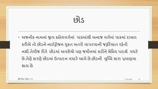 છોડ
• અજનીક નામનાં જીવ કઠોળવગશનાં પાકમાંથી અનાજ વગશમાં પાકમાં દાખલ
કરીએ તો છોડને નાઈટ્રોજન યુકત ખતરો વાપરવાની જરૂરરયાત રહેતી
નથી.તેવીજ રીતે છોડમાં અવશેિો પણ જમીનમાં સડીને સેરદ્રય પદાથશ વધરે
છે.તેણે કારણે છોડમાં ઉત્પાદન વધારે આવે છે.છોડની વુધ્ધધ સારા પ્રમાણમા
થાય છે.
27-01-2018કૃવિ વવધા ધોરણ =૧૨ 18
 