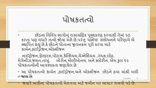 પોિકતત્વો
• છોડના વવવવધ ભાગોનું રાસાયણણક પુથ્થકરણ કરવાથી તેમાં ૬૦
કરતા પણ વધારે તત્વો જોવા મળે છે.પરંતુ ઘવનષ્ટ સંશોધનને પરરણામે એ
સ્થાવપત થયું છે.કે છોડને પોતાના જીવનિમ પૂરો કરવા માટે
કાબશન,હાઈડ્રોજન,ઓતસીજન
નાઈટ્રોજન,ફોસ્ફરસ,પોટાશ,કેધ્લ્શયમ,મેગ્નેવશયમ ,ગંધક,લોહ,
મેગેનીઝ,જસત,તાંબું, બોરોન,મોલીબ્ડેનમ, અને તલોરીન, એમ કુલ ૧૬
પોિકતત્વોની આવશ્યકતા જણાયેલ છે.
• આ પોિકતત્વો કાબશન ,હાઈડ્રોજન,અને ઓતસીજન છોડને હવા માંથી મળી
જાય છે.
• જયારે બાકીના પોિકતત્વો મેળવવા માટે જમીન પર આધાર રાખવો પડે છે.
27-01-2018
કૃવિ વવધા ધોરણ =૧૨
21
 