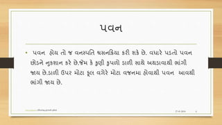 પવન
• પવન હોય તો જ વનસ્પવત શ્વસનરિયા કરી શકે છે. વધારે પડતો પવન
છોડને નુકશાન કરે છે.જેમ કે કુણી કુપળો ડાળી સાથે અથડાવાથી ભાંગી
જાય છે.ડાળી ઉપર મોટા ફૂલ વગેરે મોટા વજનમા હોવાથી પવન આવથી
ભાંગી જાય છે.
27-01-2018
www.factors effecting growth plant
6
 