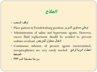 ‫العالج‬
 ‫السحب‬ ‫ايقف‬
 Place patient inTrendelenburg position ‫السرير‬ ‫مستوس‬ ‫نوطل‬
 Administration of saline and hypertonic agents. However,
excess fluid replacement should be avoided to prevent
sodium overload. ‫للمريض‬ ‫محلول‬ ‫ادخال‬
 Continuous infusion of pressor agents (meteraminol,
norepinephrine) are very rarely needed. ‫ضل‬‫ض‬‫لرف‬ ‫ادييضة‬ ‫ضاء‬‫ض‬‫اعع‬
‫ط‬ ‫الض‬
 ‫؟؟؟؟‬ ‫الدم‬ ‫مضخة‬ ‫سرعة‬
 