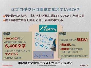 Confidential & Proprietary © Copyright 2017~18 by Hiro Satoh、All rights reserved. Page-12
②プロダクトは要求に応えているか？
受け取った人が、「わざわざ私に書いてくれた」と感じる
書く時間が大きく節約でき、若手も使える
筆記具で文章やイラストが自由に描ける
特徴
10X~20X早い
普通の文章が書ける
6,400文字
ロボットが書くという
サプライズ
CRMとの連携
特徴
筆記具で書いた味わい
書き損じ無し
異体字の作成が容易
（斎、邊 など）
金/銀/薄墨等筆記具は自由
 