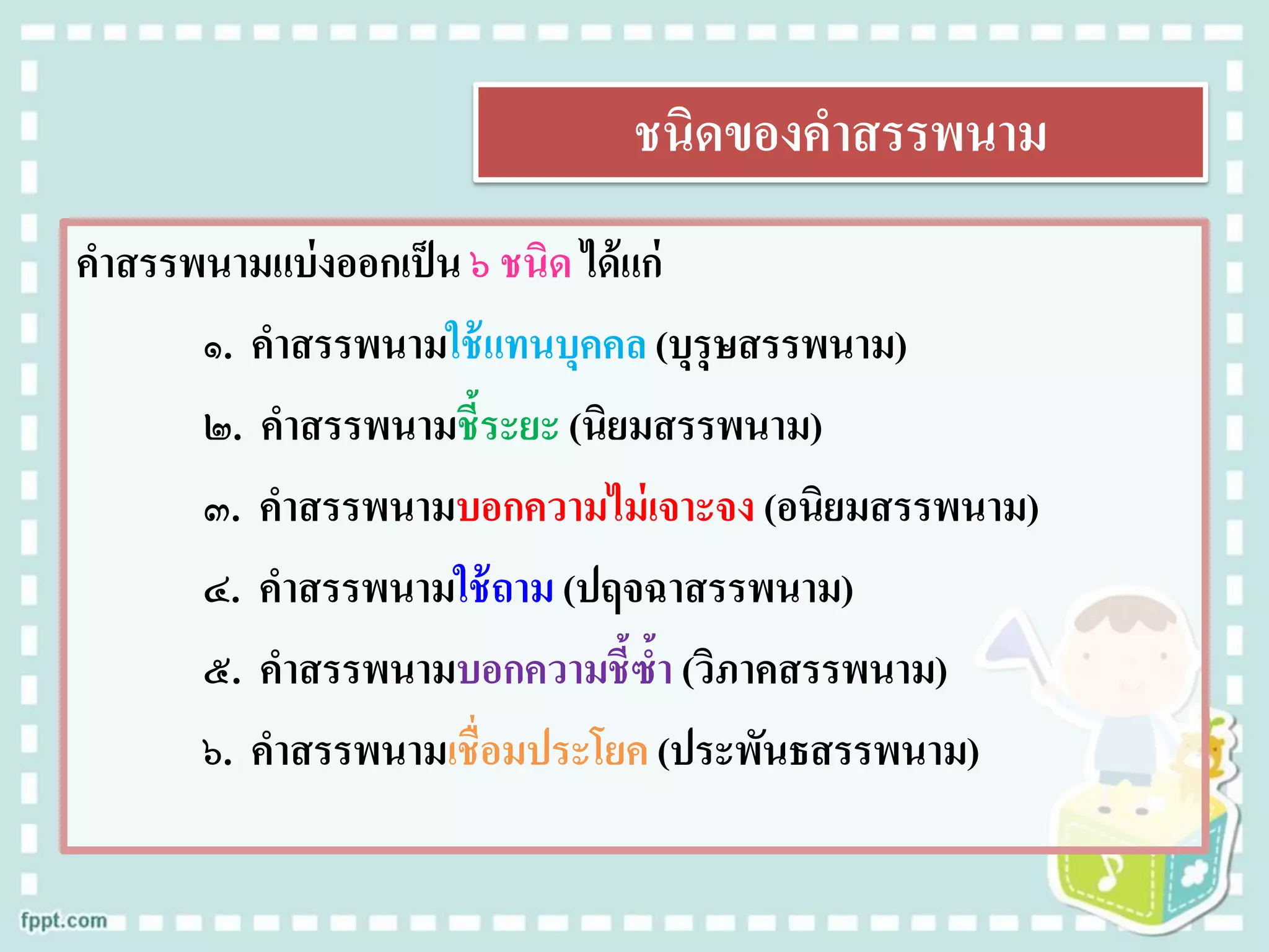 ชนิดของคาสรรพนาม
คาสรรพนามแบ่งออกเป็น ๖ ชนิด ได้แก่
๑. คาสรรพนามใช้แทนบุคคล (บุรุษสรรพนาม)
๒. คาสรรพนามชี้ระยะ (นิยมสรรพนาม)
๓. คาสรรพนามบอกความไม่เจาะจง (อนิยมสรรพนาม)
๔. คาสรรพนามใช้ถาม (ปฤจฉาสรรพนาม)
๕. คาสรรพนามบอกความชี้ซ้า (วิภาคสรรพนาม)
๖. คาสรรพนามเชื่อมประโยค (ประพันธสรรพนาม)
 