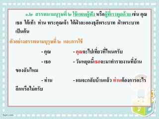 ๑.๒ สรรพนามบุรุษที่ ๒ ใช้แทนผู้ฟัง หรือผู้ที่เราพูดด้วย เช่น คุณ
เธอ ใต้เท้า ท่าน พระคุณเจ้า ใต้ฝ่ าละอองธุลีพระบาท ฝ่ าพระบาท
เป็นต้น
ตัวอย่างสรรพนามบุรุษที่๒ และการใช้
- คุณ - คุณจะไปเที่ยวที่ไหนครับ
- เธอ - วันหยุดนี้เธอจะมาทารายงานที่บ้าน
ของฉันไหม
- ท่าน - ผมจะกลับบ้านแล้ว ท่านต้องการอะไร
อีกหรือไม่ครับ
 