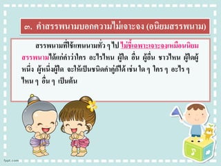 ๓. คาสรรพนามบอกความไม่เจาะจง (อนิยมสรรพนาม)
สรรพนามที่ใช้แทนนามทั่ว ๆ ไป ไม่ชี้เฉพาะเจาะจงเหมือนนิยม
สรรพนามได้แก่คาว่าใคร อะไรไหน ผู้ใด อื่น ผู้อื่น ชาวไหน ผู้ใดผู้
หนึ่ง ผู้หนึ่งผู้ใด จะให้เป็นชนิดคาคู่ก็ได้ เช่น ใด ๆ ใคร ๆ อะไร ๆ
ไหน ๆ อื่น ๆ เป็นต้น
 