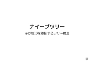 ナイーブツリーナイーブツリー
子が親IDを参照するツリー構造
10
 
