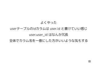 よくやった
userテーブルのidカラムは user.id と書けていい感じ
user.user_id はなんか冗長
全体でカラム名を一意にした方がいいような気もする
13
 