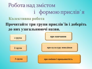 Колективна робота
Прочитайте три групи прислів`їв і доберіть
до них узагальнюючі назви.
2 група
1 група
про вміння і працьовитість3 група
про культуру поведінки
про навчання
 