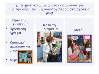 … π .Τρίτο μυστικό άω στον οδοντογιατρό
…Για την ακρίβεια η οδοντογιατρός στο σχολείο
!μας
Πριν την
πε ίσκεψη
• Πρόσκληση
/γράμμα
• Καταγραφή
ερωτήσεων και
αποριών
• Δώρο
Κατά τη
διάρκεια Μετά
 