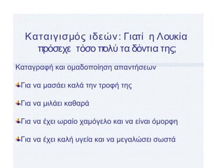 Καταιγισμός ιδεών: Γιατί η Λουκία
πρόσεχε τόσο πολύ τα δόντια της;
Καταγραφή και ομαδοποίηση απαντήσεων
Για να μασάει καλά την τροφή της
Για να μιλάει καθαρά
Για να έχει ωραίο χαμόγελο και να είναι όμορφη
Για να έχει καλή υγεία και να μεγαλώσει σωστά
 