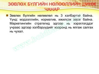 ЗӨВЛӨХ БҮЛГИЙН НӨЛӨӨЛЛИЙН ШИНЖ
ЧАНАР
 Зөвлөх бүлгийн нөлөөлөл нь 3 хэлбэртэй байна.
Үүнд: мэдээллийн, норматив, ижилсэх зэрэг байна.
Маркетингийн стратегид эдгээр нь хэрэглэгддэг
учраас эдгээр хэлбэрүүдийг хооронд нь ялгаж салгах
нь чухал.
 