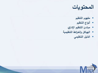 © This document contains confidential information and is for the use of the Egyptian Banking Institute.2424
‫المحتويات‬
‫التنظيم‬ ‫مفهوم‬
‫التنظيم‬ ‫اع‬‫و‬‫أن‬
‫ي‬‫اإلدار‬ ‫التنظيم‬ ‫مبادئ‬
‫التنظيمية‬ ‫ائط‬‫ر‬‫الخ‬‫و‬ ‫الهياكل‬
‫التنظيمي‬ ‫الدليل‬
 