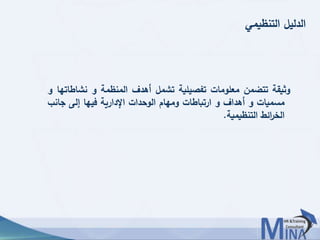 © This document contains confidential information and is for the use of the Egyptian Banking Institute.3636
‫التنظيمي‬ ‫الدليل‬
‫وثيقة‬‫تتضمن‬‫معلومات‬‫تفصيلية‬‫تشمل‬‫أهدف‬‫المنظمة‬‫و‬‫نشاط‬‫اتها‬‫و‬
‫مسميات‬‫و‬‫أهداف‬‫و‬‫ارتباطات‬‫ومهام‬‫الوحدات‬‫اإلدارية‬‫فيها‬‫إلى‬‫جا‬‫نب‬
‫ائط‬‫ر‬‫الخ‬‫التنظيمية‬.
 