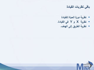 © This document contains confidential information and is for the use of the Egyptian Banking Institute.5353
‫القيادة‬ ‫نظريات‬ ‫باقي‬
‫للقيادة‬ ‫الحياة‬ ‫ة‬‫دور‬ ‫نظرية‬
‫نظرية‬X‫و‬Y‫القيادة‬ ‫في‬.
‫الهدف‬ ‫إلى‬ ‫الطريق‬ ‫نظرية‬.
 
