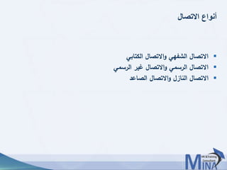 © This document contains confidential information and is for the use of the Egyptian Banking Institute.6060
‫االتصال‬ ‫أنواع‬
‫الكتابي‬ ‫االتصال‬‫و‬ ‫الشفهي‬ ‫االتصال‬
‫الرسمي‬ ‫غير‬ ‫االتصال‬‫و‬ ‫الرسمي‬ ‫االتصال‬
‫الصاعد‬ ‫االتصال‬‫و‬ ‫النازل‬ ‫االتصال‬
 