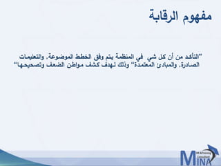 © This document contains confidential information and is for the use of the Egyptian Banking Institute.6666
‫الرقابة‬ ‫مفهوم‬
”‫الموضـوعة‬ ‫الخطـط‬ ‫وفق‬ ‫يـتم‬ ‫المنظمة‬ ‫في‬ ‫شي‬ ‫كـل‬ ‫أن‬ ‫من‬ ‫التأكــد‬,‫التعليمـا‬‫و‬‫ت‬
‫ة‬‫الصـادر‬,‫المعتمـدة‬ ‫المبادئ‬‫و‬“‫وتصحيح‬ ‫الضعـف‬ ‫اطـن‬‫و‬‫مـ‬ ‫كـشف‬ ‫لـهدف‬ ‫وذلك‬‫ـهـا‬“
 