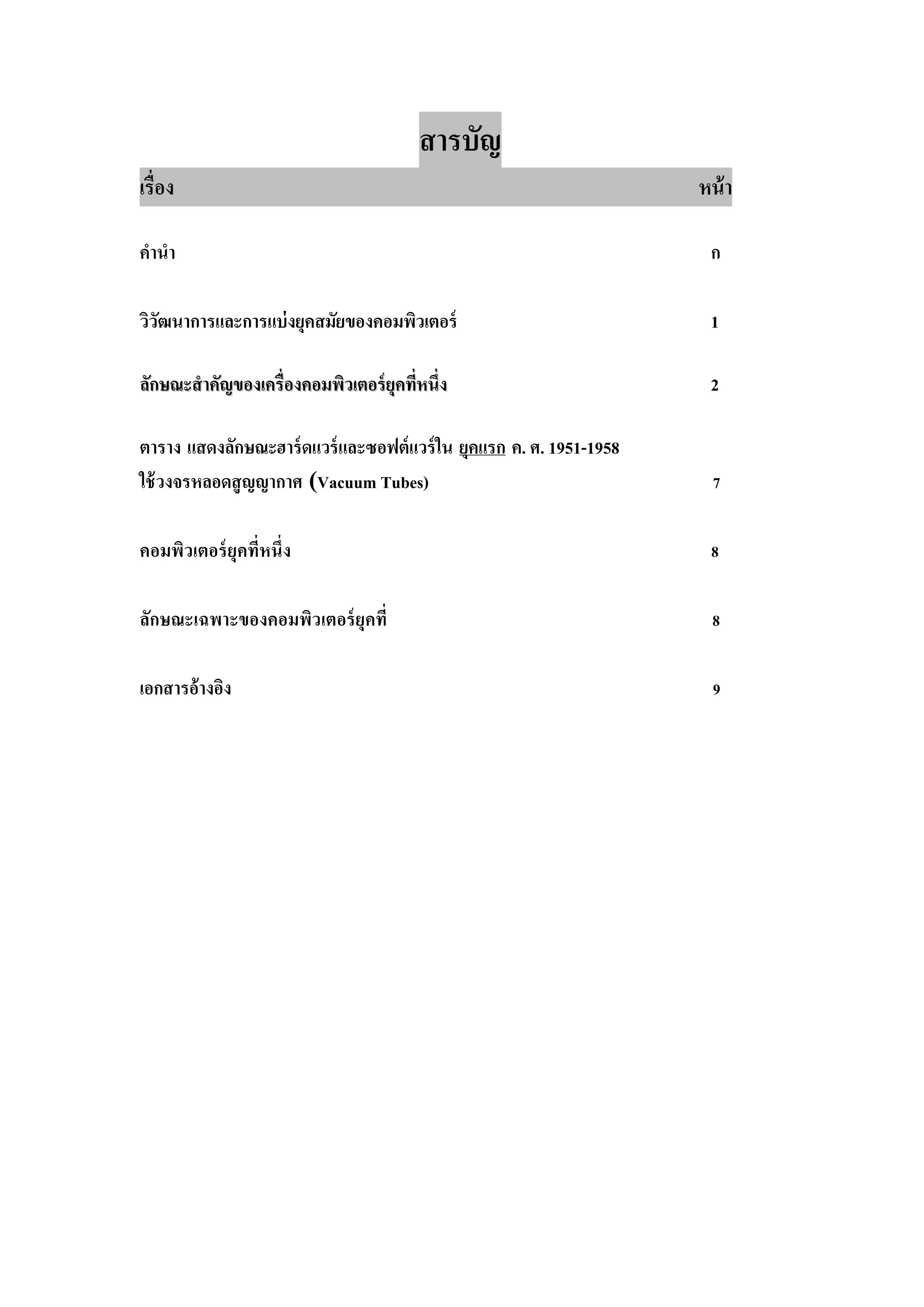 สำรบัญ
เรื่อง หน้า
คำนำ ก
วิวัฒนาการและการแบ่งยุคสมัยของคอมพิวเตอร์ 1
ลักษณะสาคัญของเครื่องคอมพิวเตอร์ยุคที่หนึ่งลักษณะสาคัญของเครื่องคอมพิวเตอร์ยุคที่หนึ่ง 2
ตาราง แสดงลักษณะฮาร์ดแวร์และซอฟต์แวร์ใน ยุคแรก ค. ศ. 1951-1958
ใช้วงจรหลอดสูญญากาศ (Vacuum Tubes) 7
คอมพิวเตอร์ยุคที่หนึ่ง 8
ลักษณะเฉพาะของคอมพิวเตอร์ยุคที่ 8
เอกสารอ้างอิง 9
 
