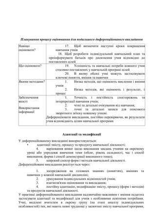 Планування процесу оцінювання для подальшого диференційованого викладання
Навіщо
оцінювати?
17. Щоб визначити наступні кроки покращення
навчання учнів
18. Щоб розробити індивідуальний навчальний план та
проінформувати батьків про досягнення учня відповідно до
поставлених цілей
Що оцінювати? 19. Успішність та навчальні потреби кожного учня
стосовно поставлених у навчальній програмі цілей
20. В якому обсязі учні можуть застосовувати
ключові поняття, вміння та навички
Якими методами? 1. Низка методів, що оцінюють мислення і вміння
учнів
2. Низка методів, які оцінюють і результат, і
процес
Забезпечення
якості
Використання
інформації
1. Точність і постійність спостережень та
інтерпретації навчання учнів;
2. чіткі та детальні очікування від навчання;
3. точні та детальні записи для описового
зворотного зв'язку кожному учневі.
Диференціювати викладання, постійно перевіряючи, як результати
учня відповідають цілям навчальної програми
Адаптації та модифікації
У диференційованому викладанні використовуються:
• адаптації змісту, процесу та продукту навчальної діяльності;
4. варіювання вимог щодо виконання завдань учнями на окремому
уроці або упродовж вивчення теми (обсяг, рівень складності, час і спосіб
виконання, форма і спосіб демонстрації виконаного тощо);
5. широкий спектр форм і методів навчальної діяльності.
Диференційоване викладання реалізується через:
1. зосередження на головних знаннях (поняттях), вміннях та
навичках у кожній навчальній дисципліні;
2. урахування індивідуальних відмінностей учнів;
3. взаємозв'язок оцінювання та викладання;
4. постійну адаптацію, модифікацію змісту, процесу (форм і методів)
та продуктів навчальної діяльності.
У практиці диференційованого викладання надзвичайно важливим є вміння педагога
застосувати адаптації та модифікації для учнів з особливими освітніми потребами.
Учні, виділені вчителем в окрему групу (на етапі аналізу індивідуальних
особливостей) тих, які мають певні труднощі у засвоєнні змісту навчальної програми,
 
