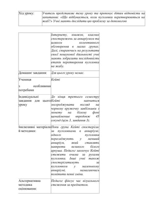 Хід уроку: Учитель представляє тему уроку та пропонує дітям відповісти на
запитання: «Що відбувається, коли пуголовки перетворюються на
жаб?» Учні мають дослідити цю проблему за допомогою
Інтернету, книжок, власних
спостережень за акваріумом та
шляхом колективного
обговорення в малих групах.
Далі, спираючись на результати
своєї пошукової діяльності учні
мають зобразити послідовність
етапів перетворення пуголовка
на жабу.
Домашнє завдання: Для цього уроку немає.
Учениця
з особливими
потребами
Кейті
Індивідуальні
завдання для цього
уроку
До кінця третього семестру
Кейті навчиться
зосереджувати погляд на
чорному кружечку завбільшки з
монету на білому фоні
щонайменше впродовж 45
секунд (ціль 3, завдання 3).
Інклюзивні матеріали
й методики:
Поки група Кейті спостерігає
за пуголовками в акваріумі,
одного пуголовка
пересаджують у менший
акваріум, який ставлять
навпроти великого білого
аркуша. Педагог заохочує Кейті
стежити очима за рухами
пуголовка. Інші учні також
спостерігатимуть за
пуголовком у маленькому
акваріумі, намагаючись
помітити певні зміни.
Альтернативна
методика
оцінювання:
Педагог фіксує час візуального
стеження за предметом.
 