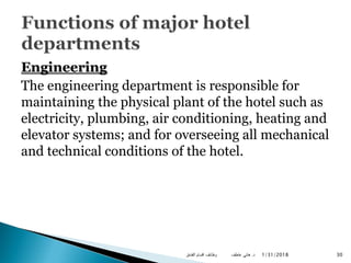 Engineering
The engineering department is responsible for
maintaining the physical plant of the hotel such as
electricity,...