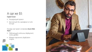 А где же $5
Digital Ocean
• Кэширующий прокси
• Бесплатный SSL сертификат от Let’s
Encrypt
Почему сам проект оставляем Azure Web
Apps?
• Работающий continuous deployment
очень удобен
• Можем подключить Application
insights
 
