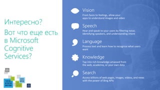 Интересно?
Вот что еще есть
в Microsoft
Cognitive
Services?
 