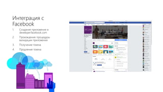 Интеграция с
Facebook
1. Создание приложения в
developer.facebook.com
2. Прохождение процедуры
валидации приложения
3. Получение токена
4. Продление токена
 
